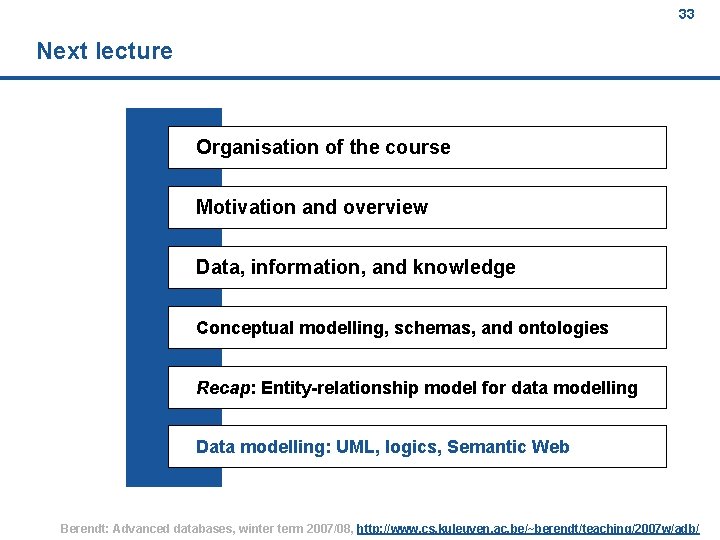 33 Next lecture Organisation of the course Motivation and overview Data, information, and knowledge