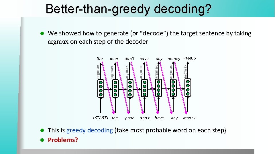 Better-than-greedy decoding? <START> the poor don’t any have money <END> any argmax have argmax