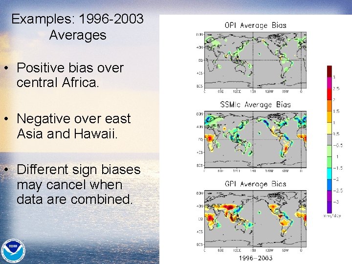 Examples: 1996 -2003 Averages • Positive bias over central Africa. • Negative over east