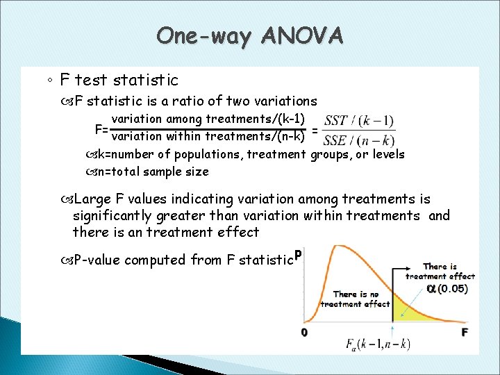 One-way ANOVA ◦ F test statistic F statistic is a ratio of two variations