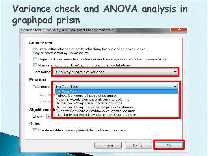 Variance check and ANOVA analysis in graphpad prism 