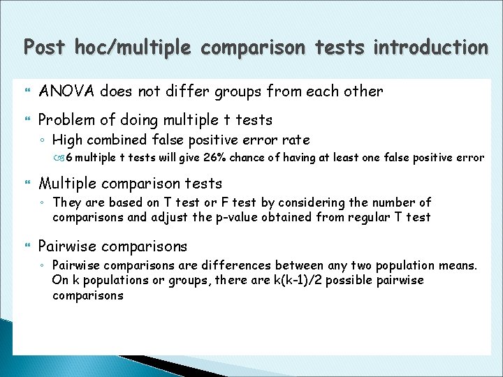 Post hoc/multiple comparison tests introduction ANOVA does not differ groups from each other Problem