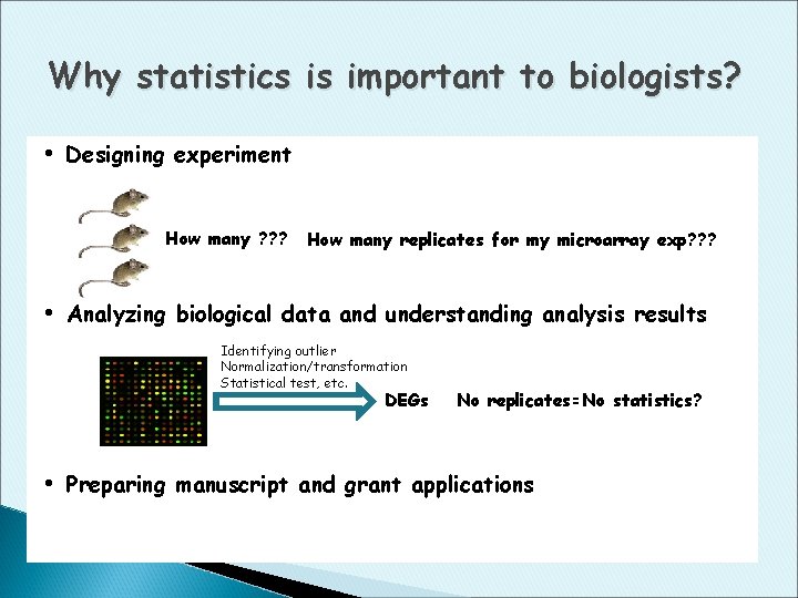 Why statistics is important to biologists? • Designing experiment How many ? ? ?