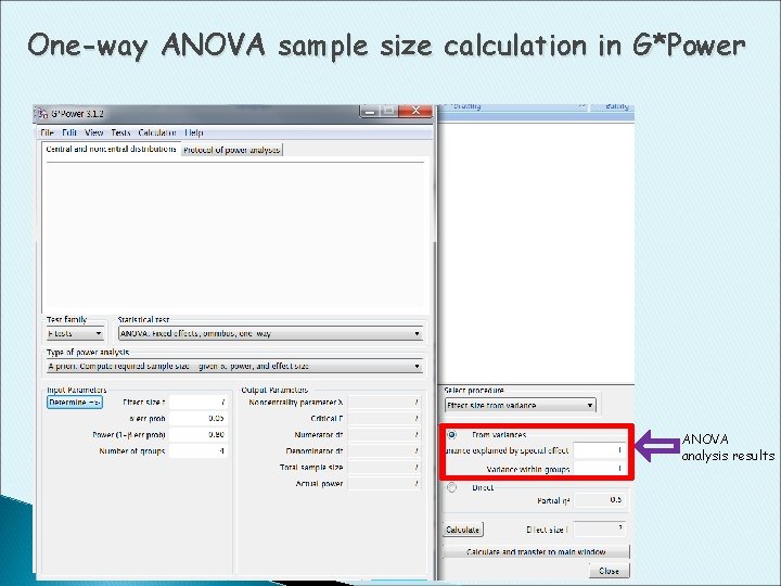One-way ANOVA sample size calculation in G*Power ANOVA analysis results 