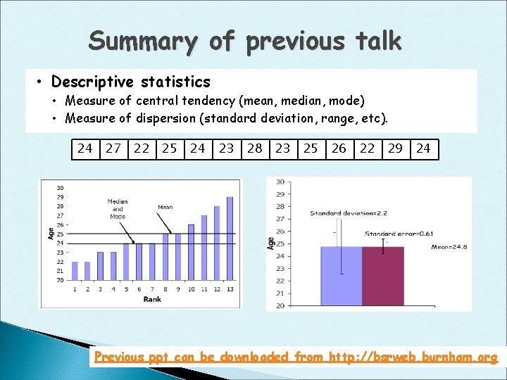 Summary of previous talk • Descriptive statistics • Measure of central tendency (mean, median,