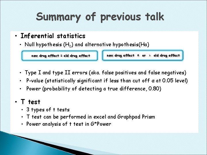Summary of previous talk • Inferential statistics • Null hypothesis (H 0) and alternative