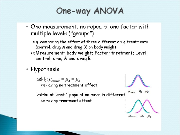 One-way ANOVA ◦ One measurement, no repeats, one factor with multiple levels (“groups”) e.