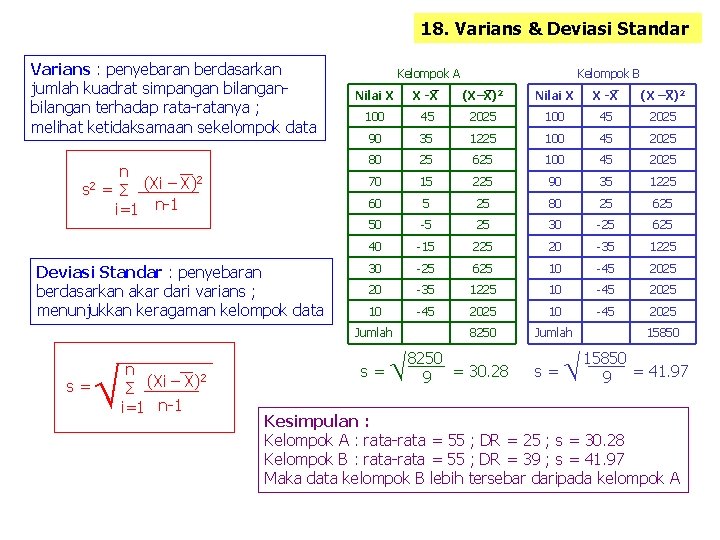 18. Varians & Deviasi Standar Varians : penyebaran berdasarkan jumlah kuadrat simpangan bilangan terhadap
