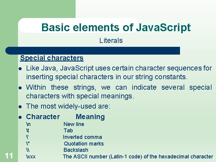 Basic elements of Java. Script Literals Special characters l Like Java, Java. Script uses