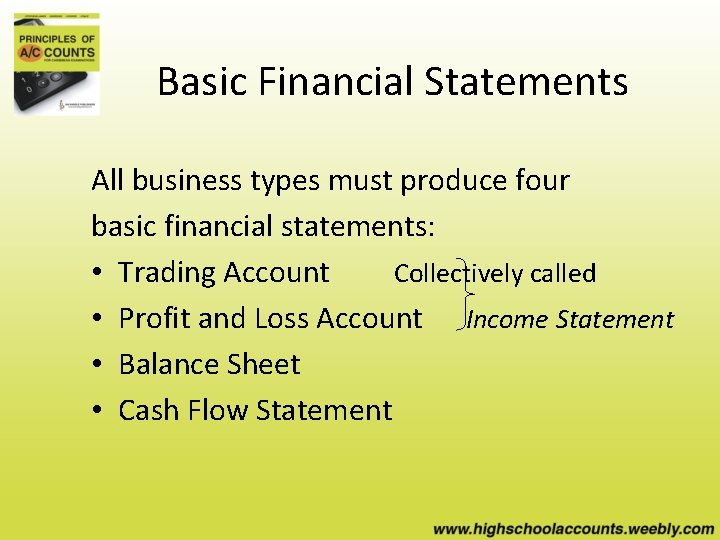 Basic Financial Statements All business types must produce four basic financial statements: • Trading