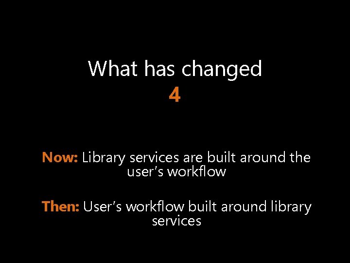 What has changed 4 Now: Library services are built around the user’s workflow Then: