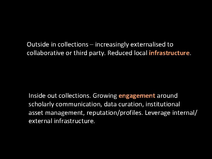 Outside in collections – increasingly externalised to collaborative or third party. Reduced local infrastructure.
