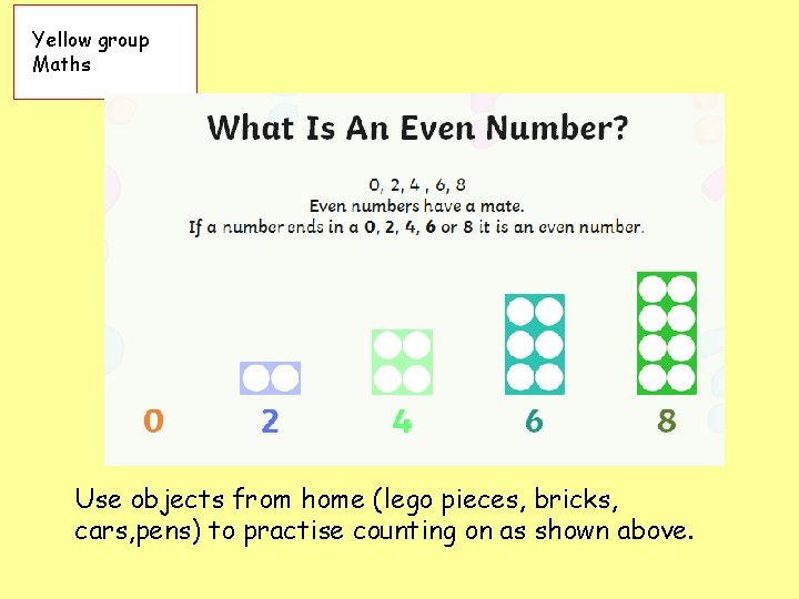 Yellow group Maths Use objects from home (lego pieces, bricks, cars, pens) to practise