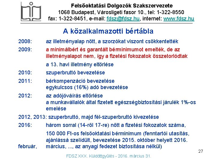 Felsőoktatási Dolgozók Szakszervezete 1068 Budapest, Városligeti fasor 10. , tel: 1 -322 -8550 fax: