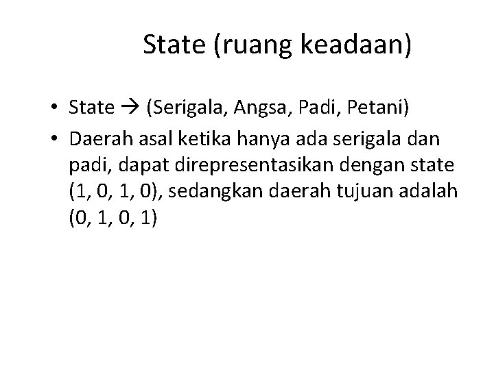 State (ruang keadaan) • State (Serigala, Angsa, Padi, Petani) • Daerah asal ketika hanya