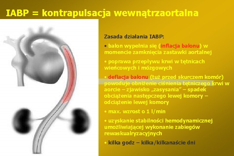 IABP = kontrapulsacja wewnątrzaortalna Zasada działania IABP: • balon wypełnia się (inflacja balonu) w