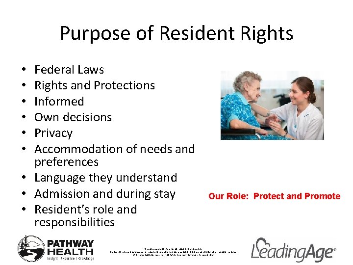 Purpose of Resident Rights Federal Laws Rights and Protections Informed Own decisions Privacy Accommodation