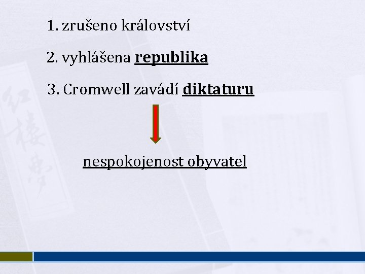 1. zrušeno království 2. vyhlášena republika 3. Cromwell zavádí diktaturu nespokojenost obyvatel 