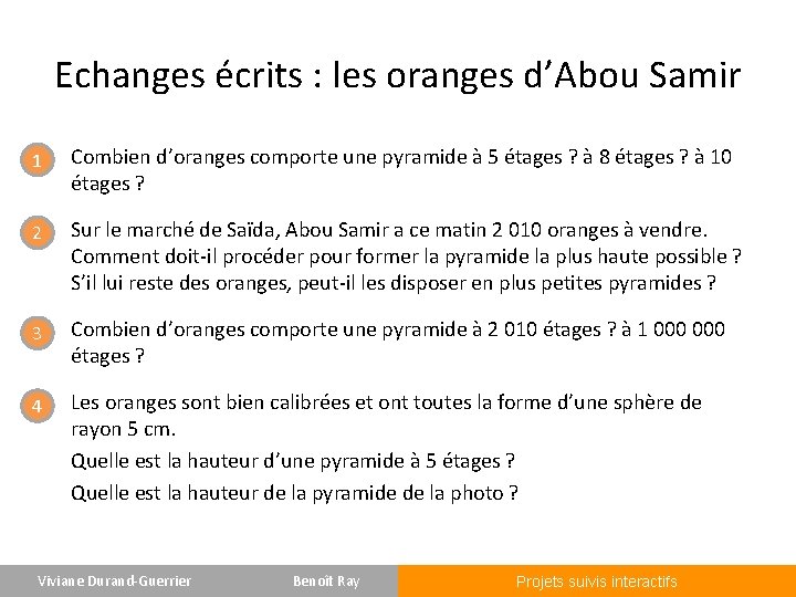 Echanges écrits : les oranges d’Abou Samir 1 Combien d’oranges comporte une pyramide à