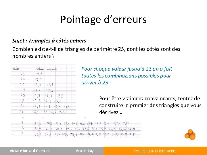 Pointage d’erreurs Sujet : Triangles à côtés entiers Combien existe-t-il de triangles de périmètre