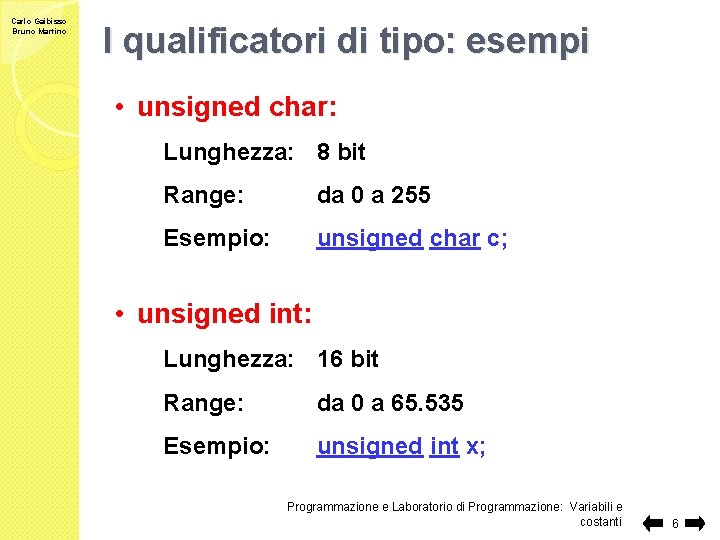 Carlo Gaibisso Bruno Martino I qualificatori di tipo: esempi • unsigned char: Lunghezza: 8
