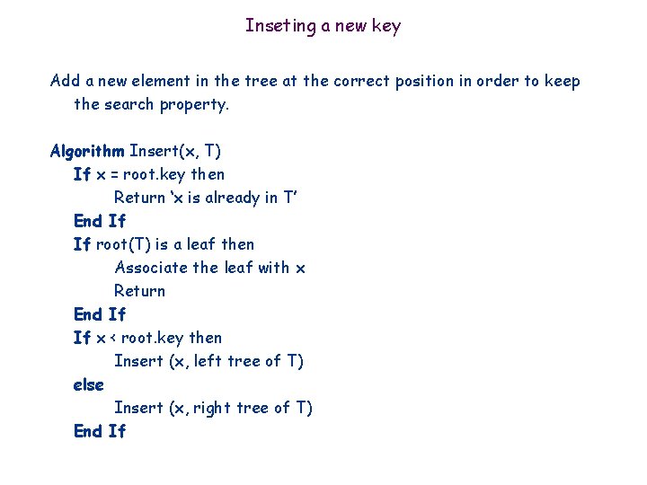 Inseting a new key Add a new element in the tree at the correct