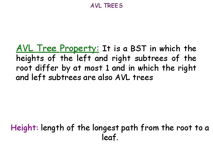 AVL TREES AVL Tree Property: It is a BST in which the heights of
