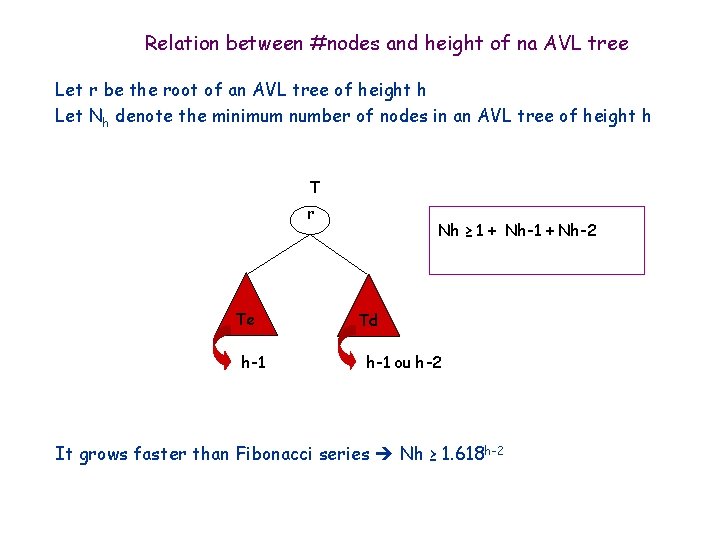 Relation between #nodes and height of na AVL tree Let r be the root