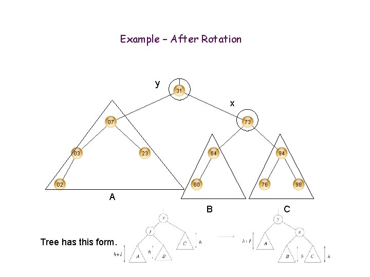 Example – After Rotation y x A B Tree has this form. C 