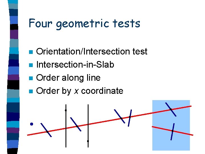 Four geometric tests n n Orientation/Intersection test Intersection-in-Slab Order along line Order by x