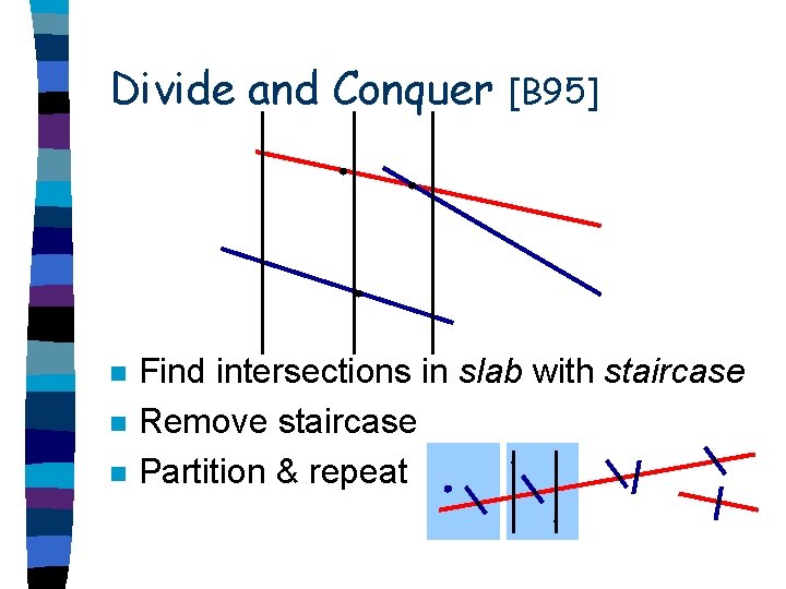 Divide and Conquer n n n [B 95] Find intersections in slab with staircase