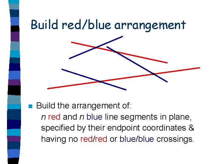 Build red/blue arrangement n Build the arrangement of: n red and n blue line