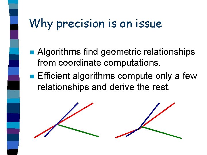 Why precision is an issue n n Algorithms find geometric relationships from coordinate computations.