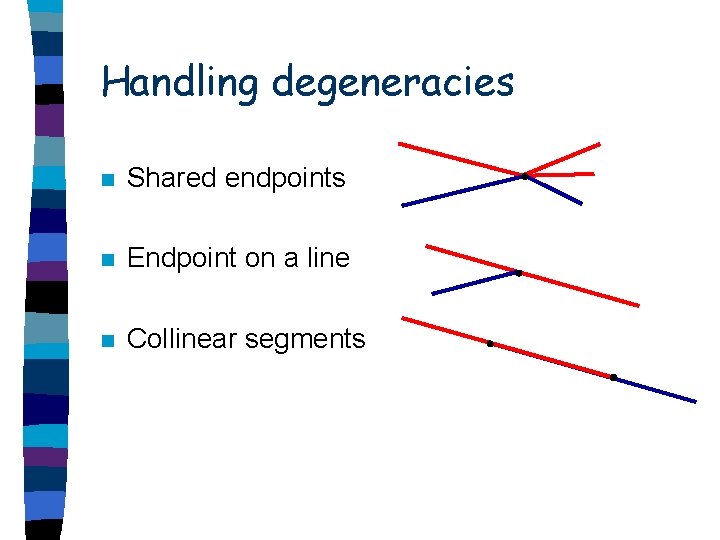 Handling degeneracies n Shared endpoints n Endpoint on a line n Collinear segments 