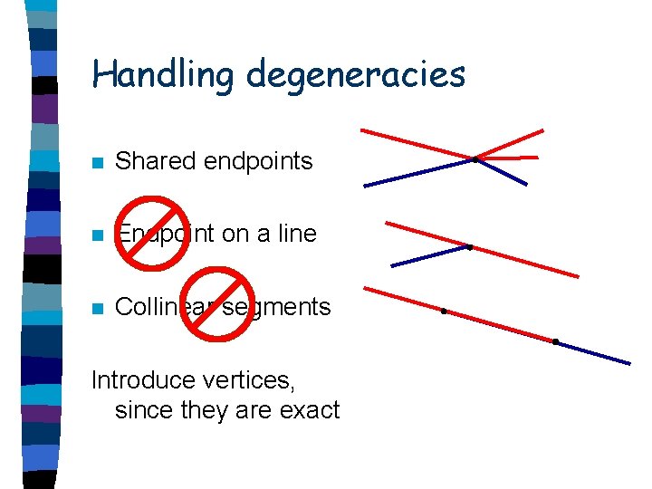 Handling degeneracies n Shared endpoints n Endpoint on a line n Collinear segments Introduce