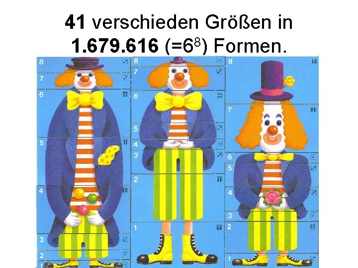 41 verschieden Größen in 1. 679. 616 (=68) Formen. 