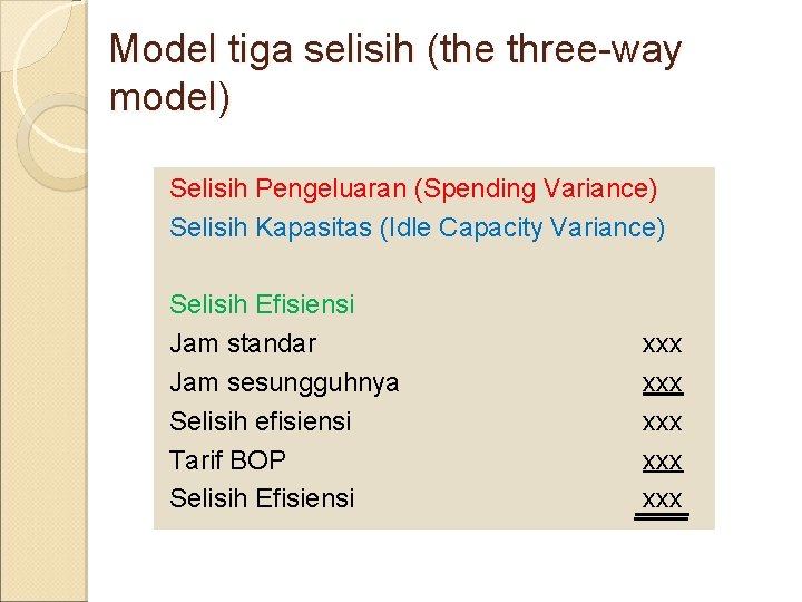 Model tiga selisih (the three-way model) Selisih Pengeluaran (Spending Variance) Selisih Kapasitas (Idle Capacity