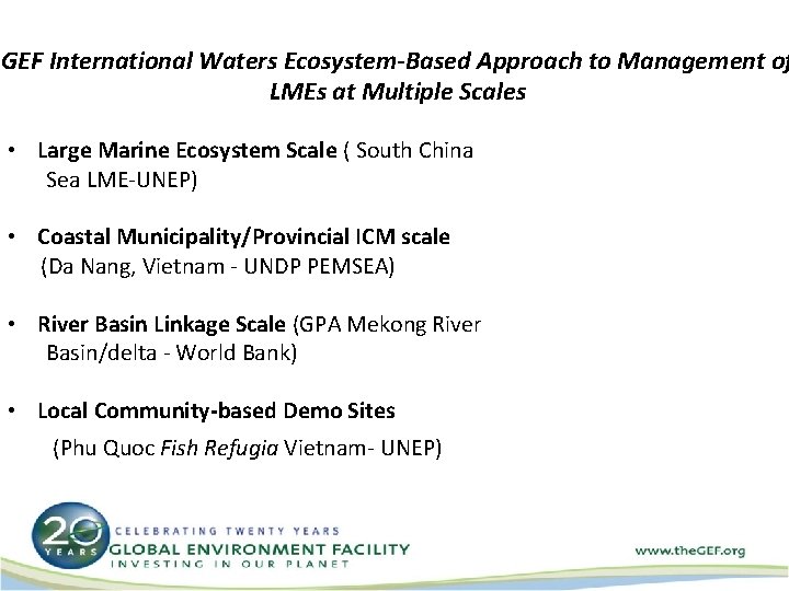 GEF International Waters Ecosystem-Based Approach to Management of LMEs at Multiple Scales • Large