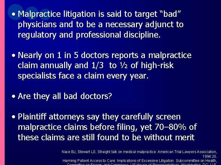  • Malpractice litigation is said to target “bad” physicians and to be a