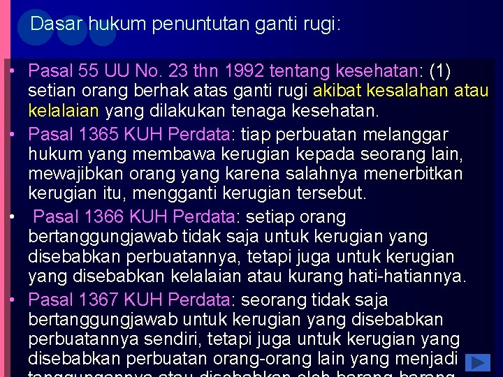 Dasar hukum penuntutan ganti rugi: • Pasal 55 UU No. 23 thn 1992 tentang