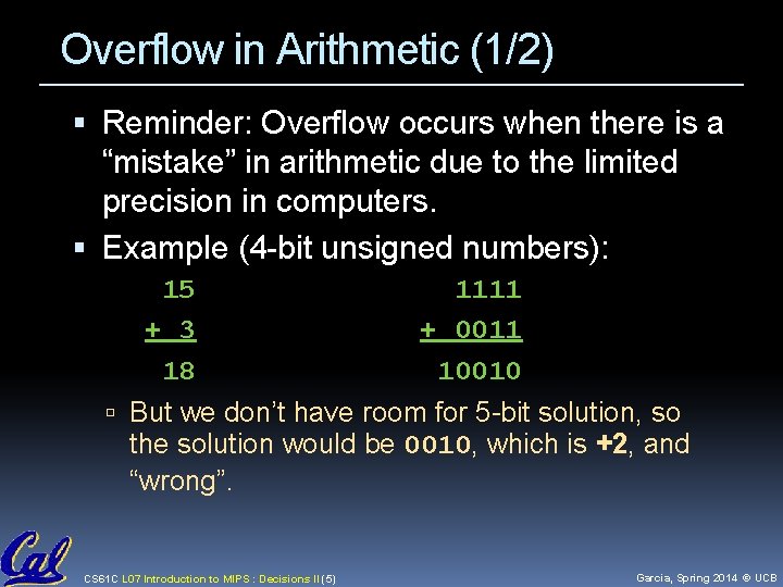 Overflow in Arithmetic (1/2) Reminder: Overflow occurs when there is a “mistake” in arithmetic Overflow in Arithmetic (1/2) Reminder: Overflow occurs when there is a “mistake” in arithmetic