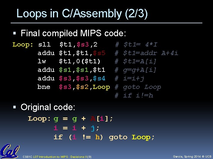 Loops in C/Assembly (2/3) Final compiled MIPS code: Loop: sll addu lw addu bne Loops in C/Assembly (2/3) Final compiled MIPS code: Loop: sll addu lw addu bne