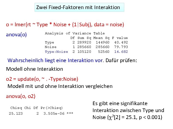 Zwei Fixed‐Faktoren mit Interaktion o = lmer(rt ~ Type * Noise + (1|Subj), data