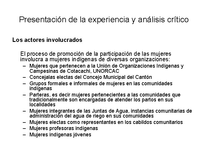 Presentación de la experiencia y análisis crítico Los actores involucrados El proceso de promoción