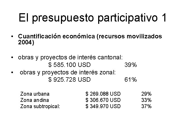 El presupuesto participativo 1 • Cuantificación económica (recursos movilizados 2004) • obras y proyectos