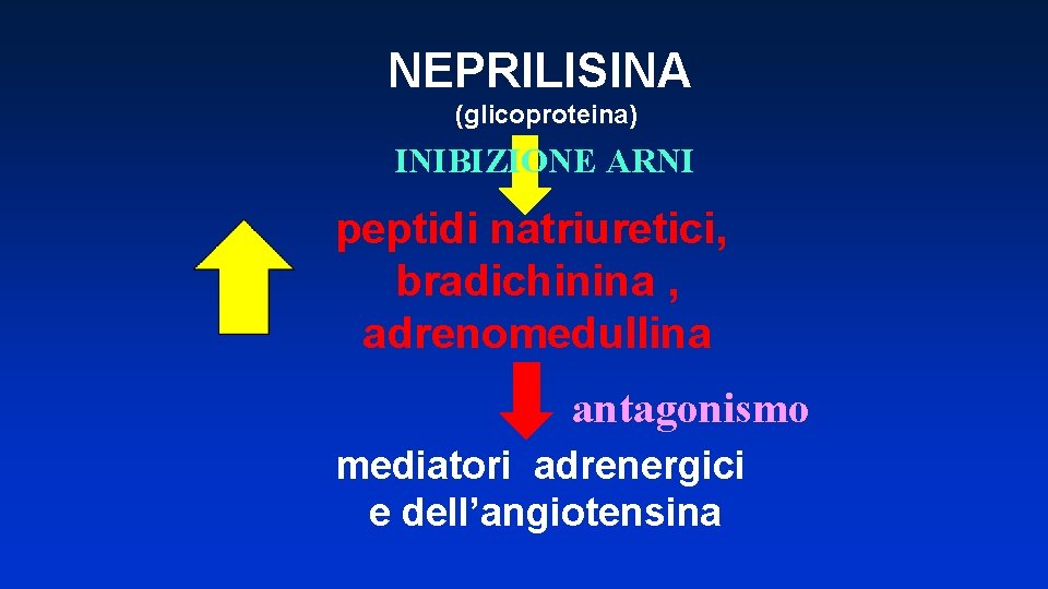 NEPRILISINA (glicoproteina) INIBIZIONE ARNI peptidi natriuretici, bradichinina , adrenomedullina antagonismo mediatori adrenergici e dell’angiotensina