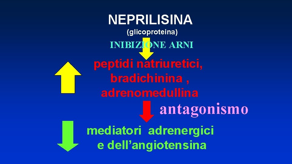 NEPRILISINA (glicoproteina) INIBIZIONE ARNI peptidi natriuretici, bradichinina , adrenomedullina antagonismo mediatori adrenergici e dell’angiotensina