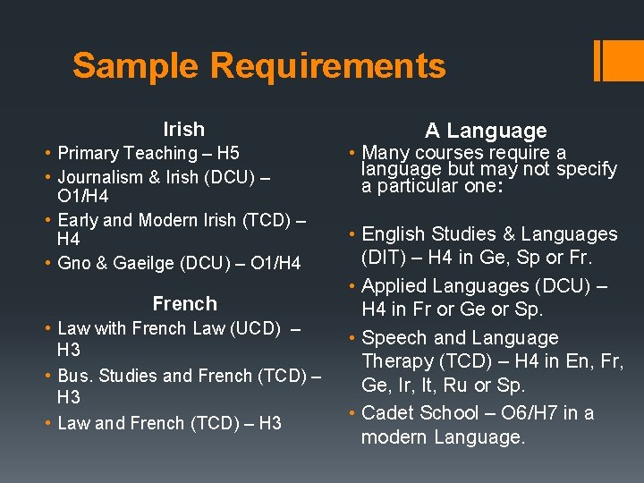 Sample Requirements Irish • Primary Teaching – H 5 • Journalism & Irish (DCU)