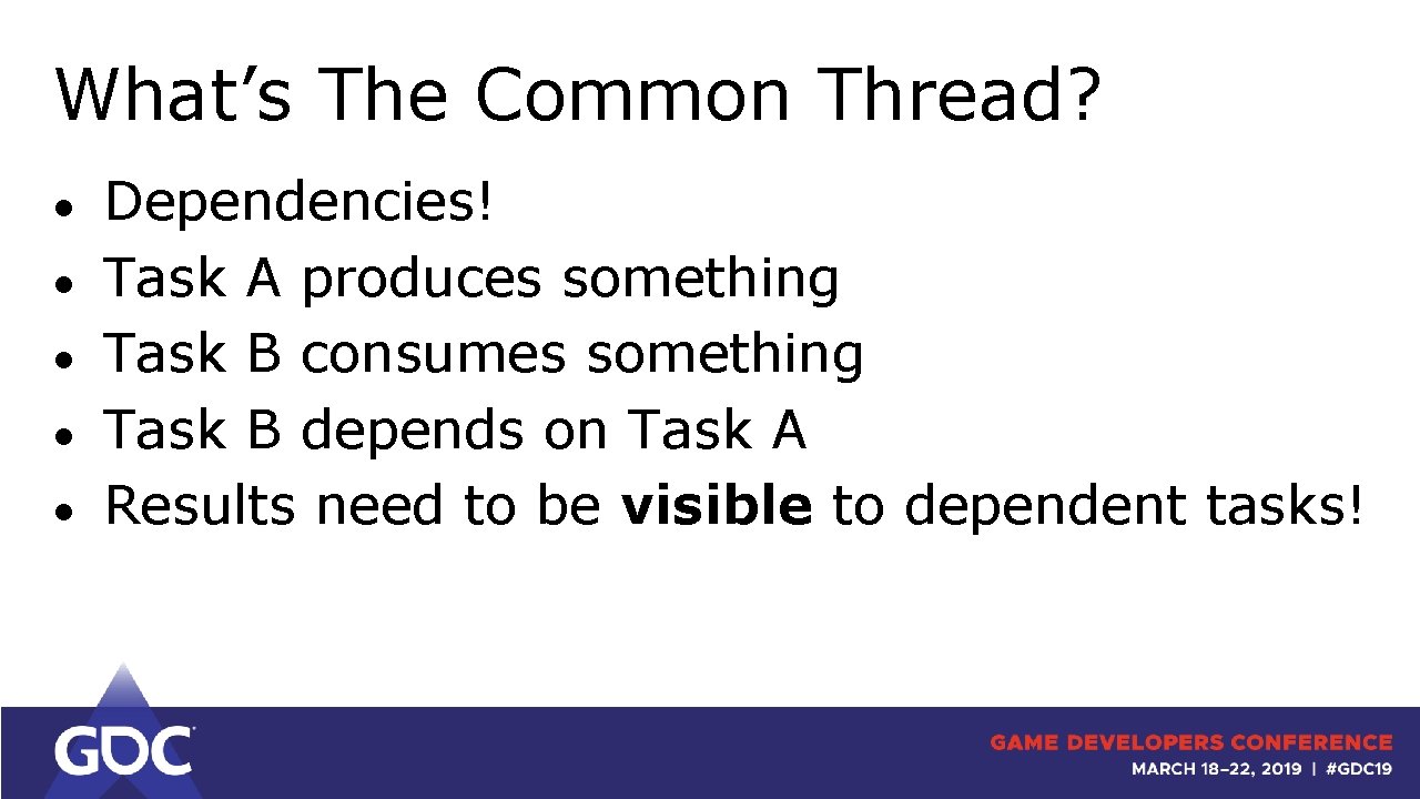 What’s The Common Thread? ● ● ● Dependencies! Task A produces something Task B