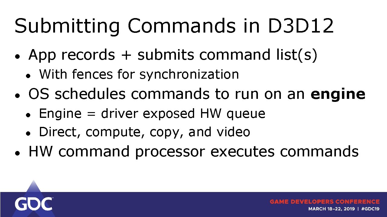 Submitting Commands in D 3 D 12 ● App records + submits command list(s)